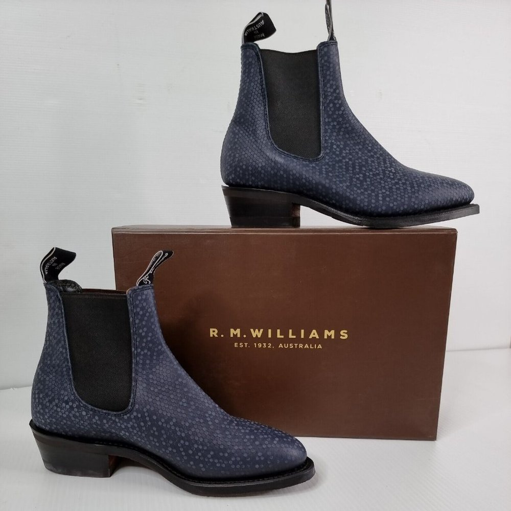 RARE RM Williams Lady Yearling Indigo Blue Printd Leather Boot 8.5  Eu 39 $650